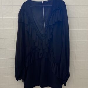 PrettyLittleThing Black ruffle chiffon sheer low cut dress size 22